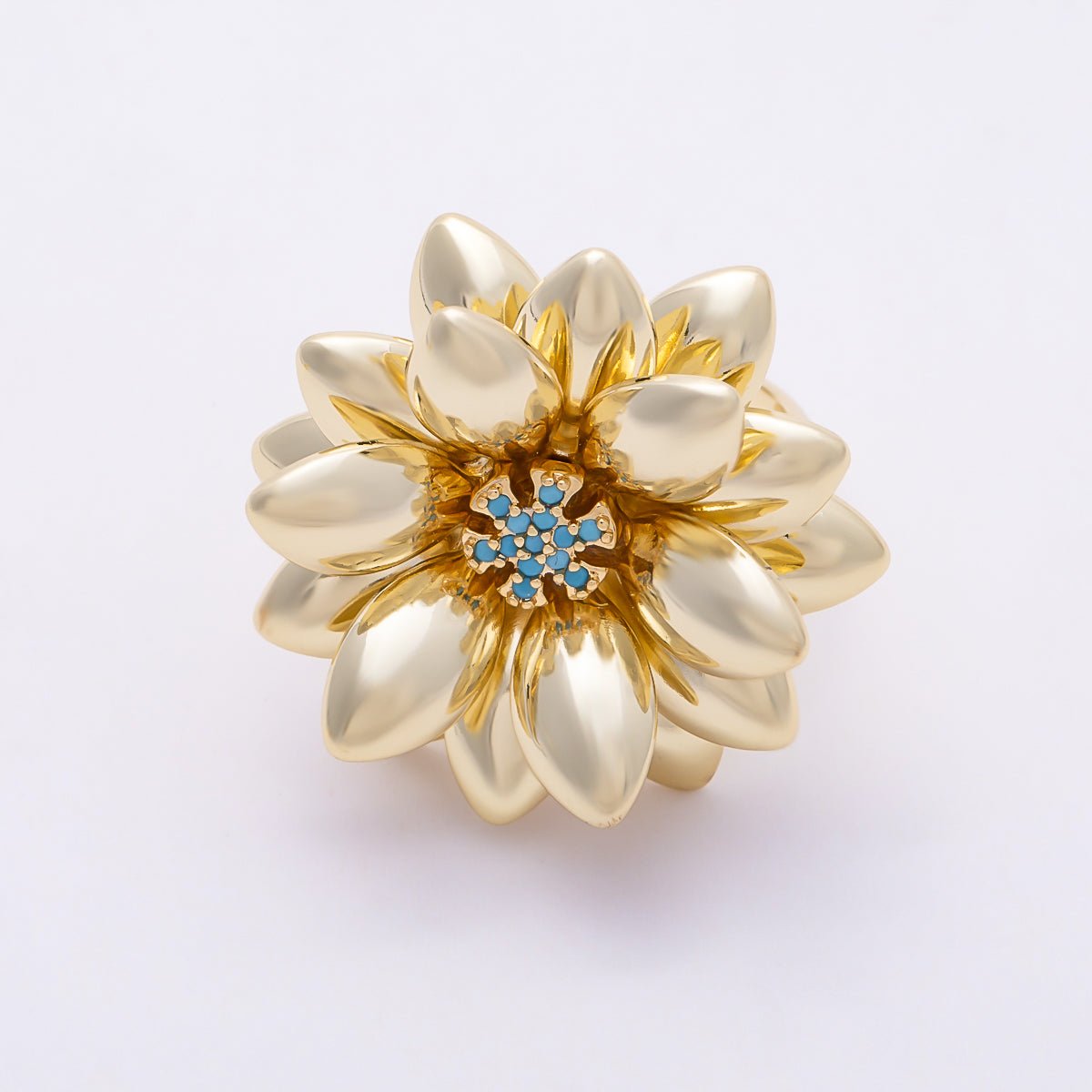16K Gold Filled Clear, Turquoise Micro Paved CZ Flower Ring | Rings-00330 Rings-00331 - DLUXCA