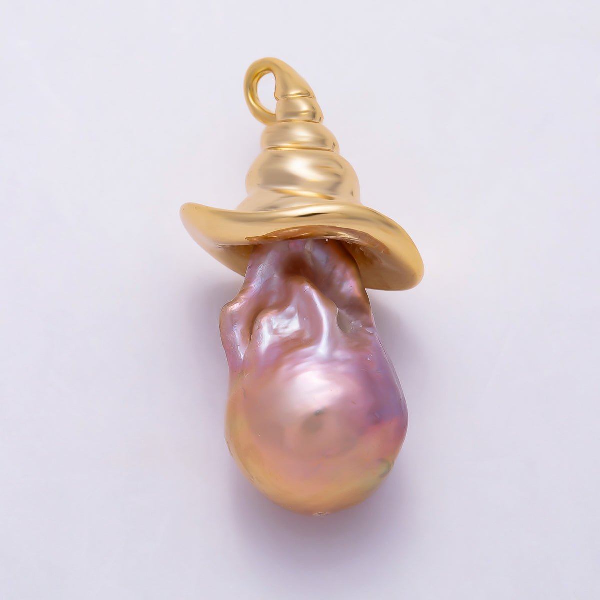 16K Gold Filled Custom Halloween Pink Baroque Freshwater Pearl Swirl Witch Hat Charm | Charms-01900 - DLUXCA