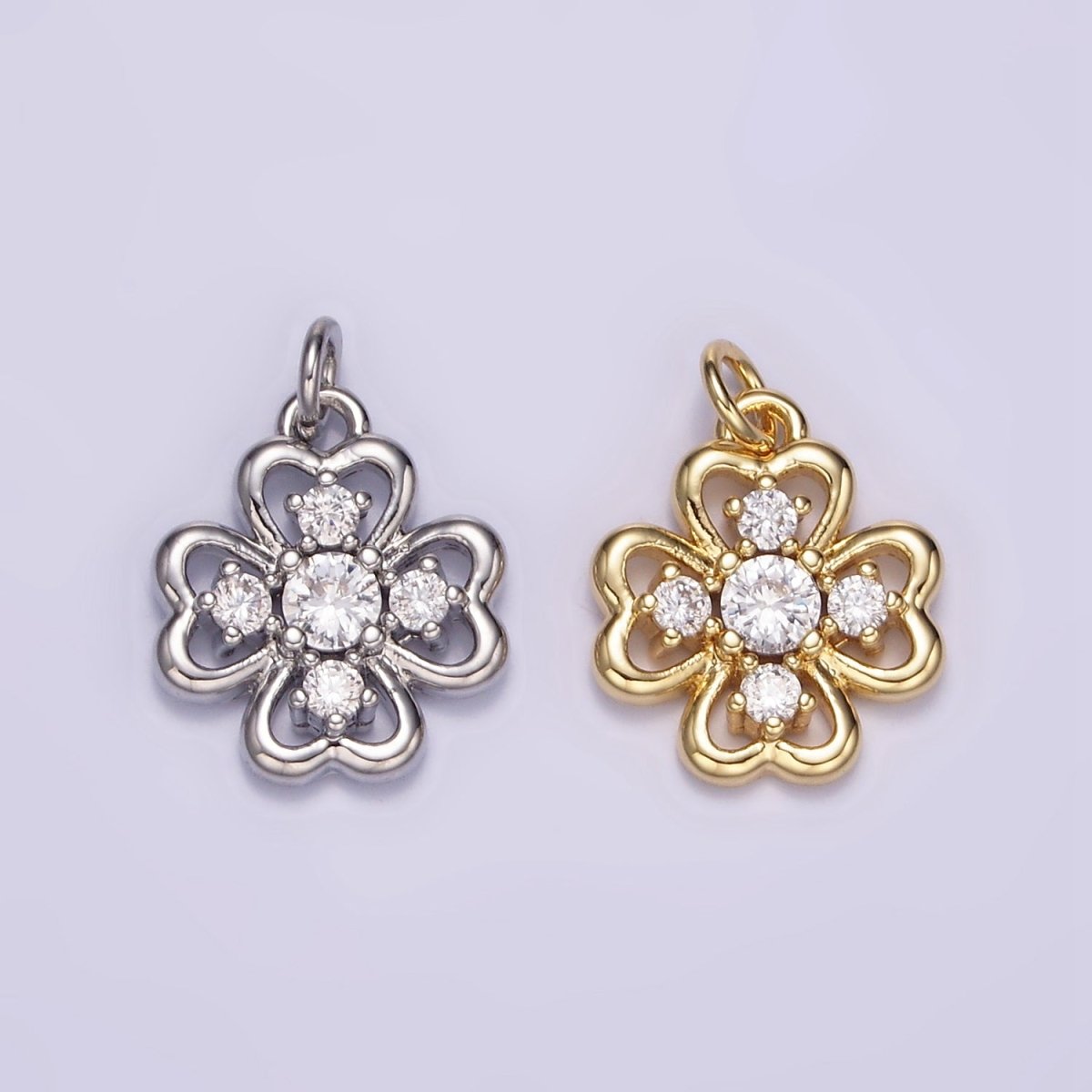 16K Gold Filled CZ Quatrefoil Heart Petal Flower Open Charm in Gold & Silver | M116 - DLUXCA