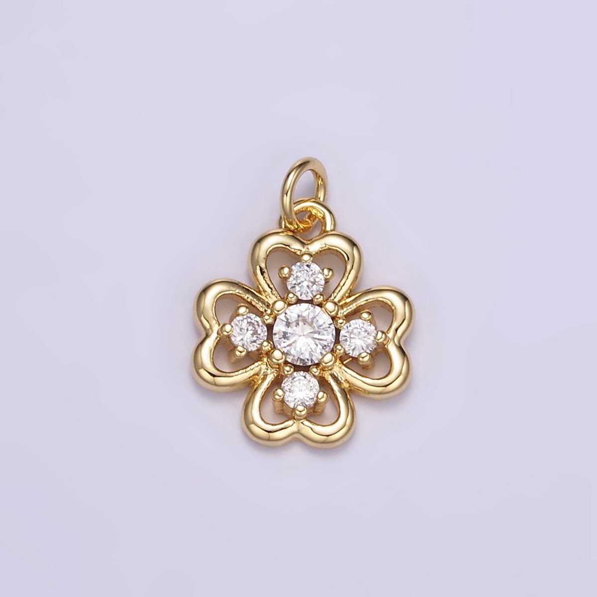 16K Gold Filled CZ Quatrefoil Heart Petal Flower Open Charm in Gold & Silver | M116 - DLUXCA