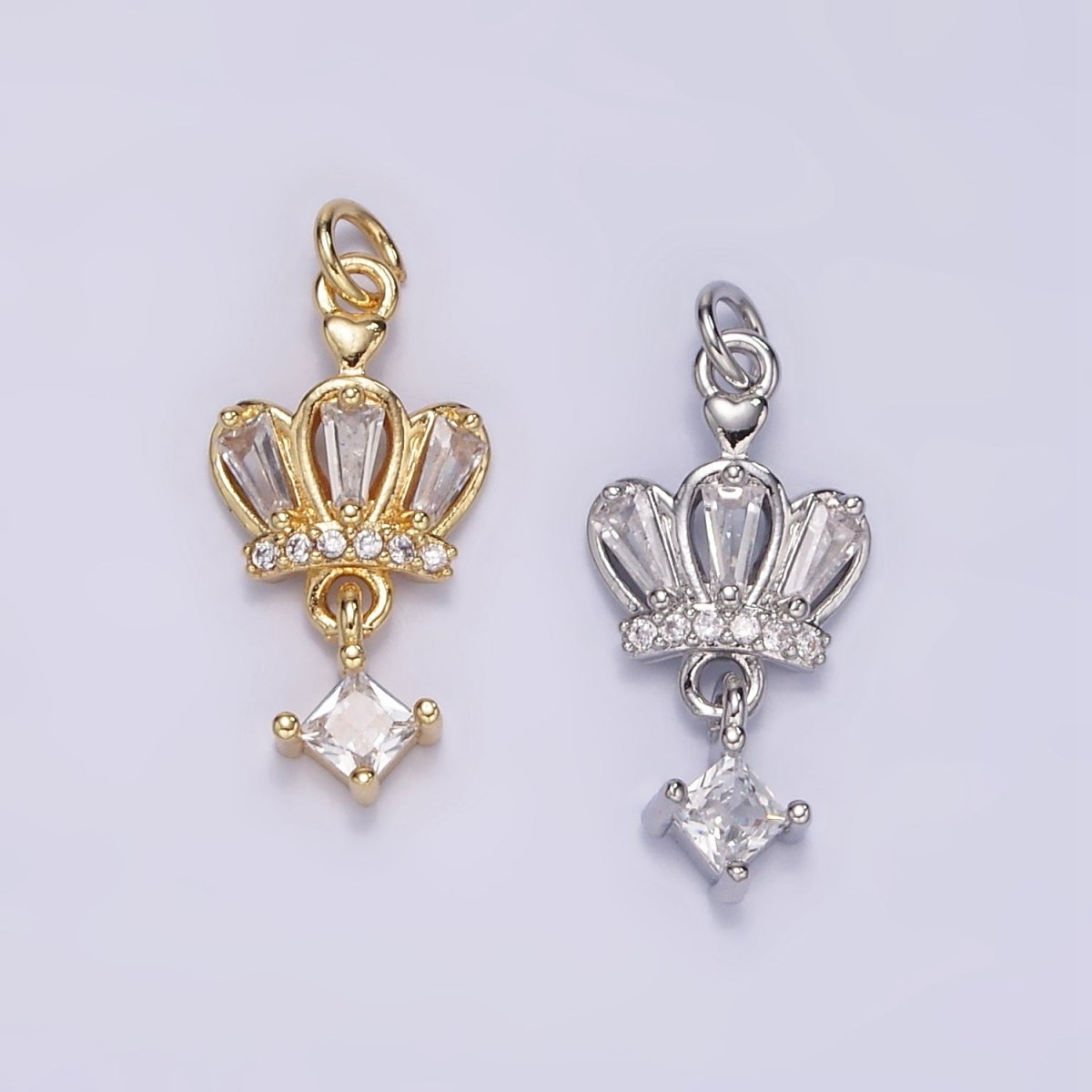 16K Gold Filled CZ Rhombus Baguette Drop Royal Crown Charm in Gold & Silver | M114 - DLUXCA