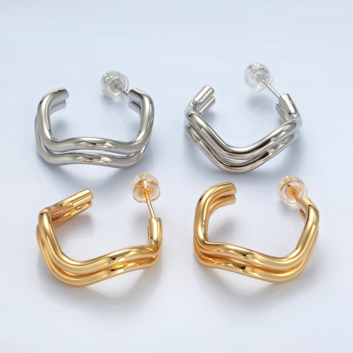16k Gold Filled Double Band Geometric C Shaped Hoop Earrings Gold and Silver | P528 - P529 - DLUXCA