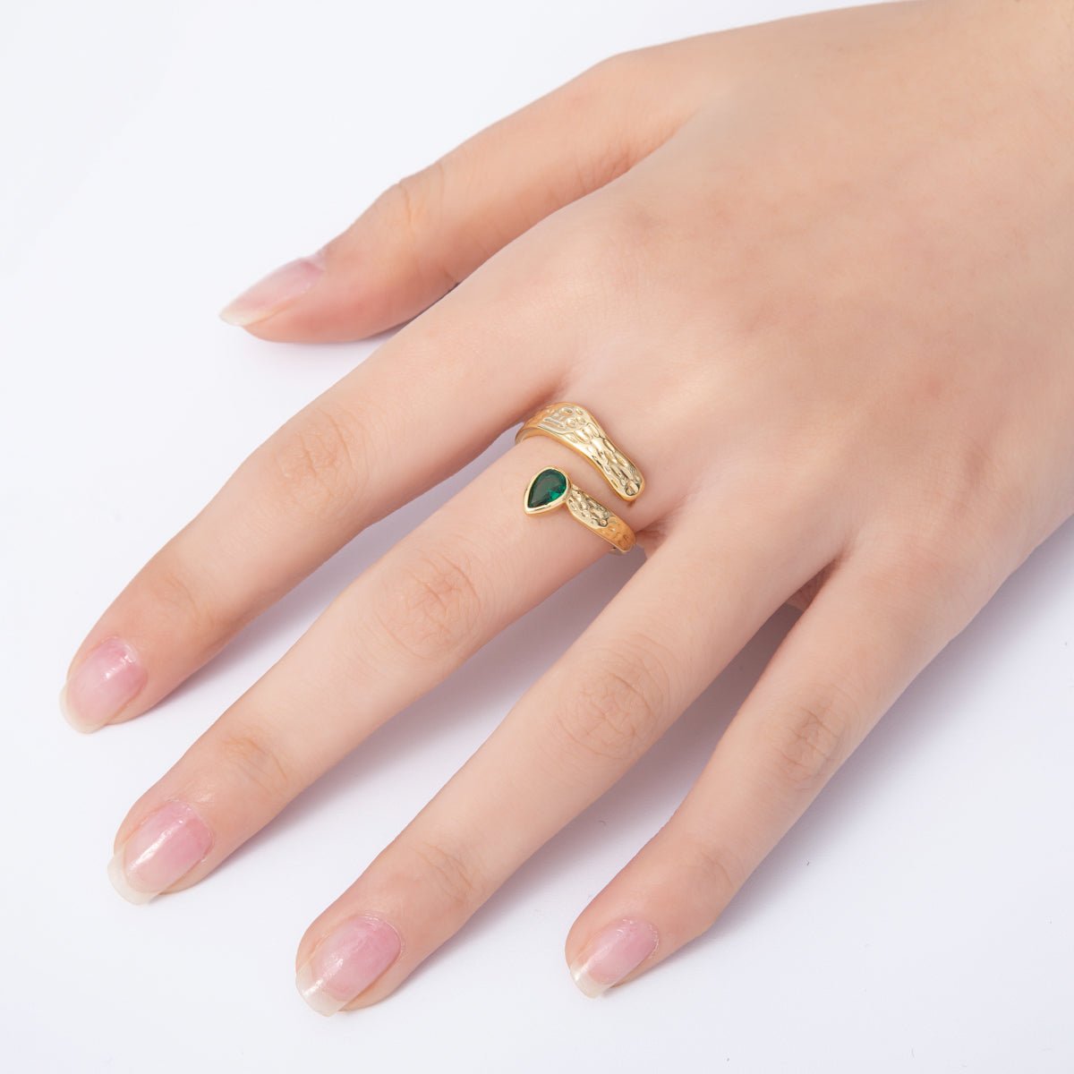 16K Gold Filled Emerald Pear Cut CZ Hammered Twisted Wrap Ring | Rings - 00030 - DLUXCA