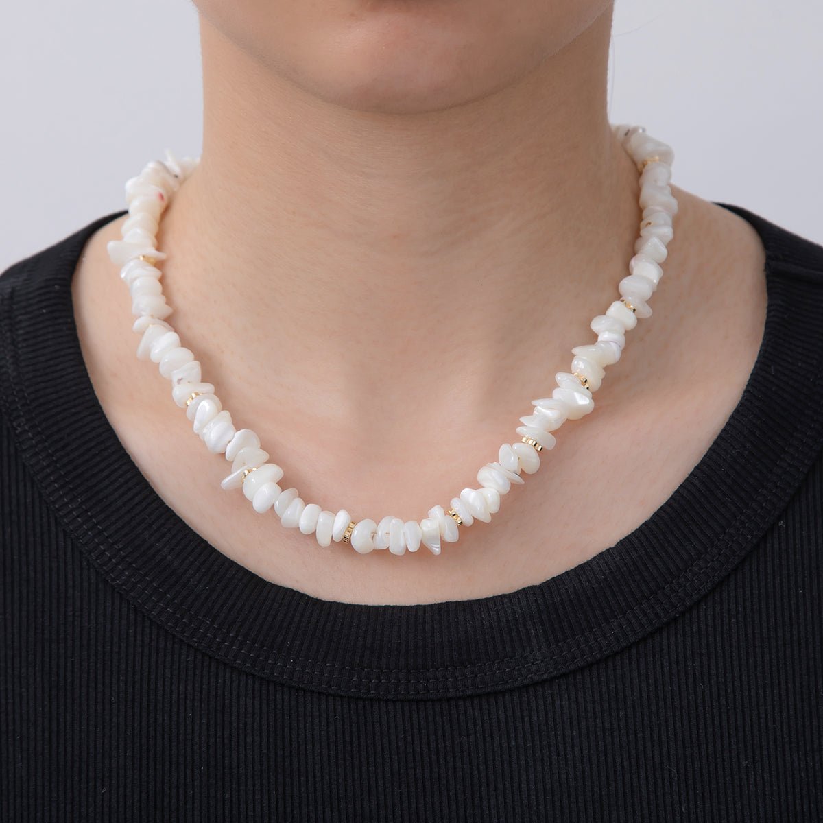 16K Gold Filled Flower Bead Irregular Pebble Shell Pearl Gemstone 17 Inch Handmade Necklace | WA - 309 - DLUXCA