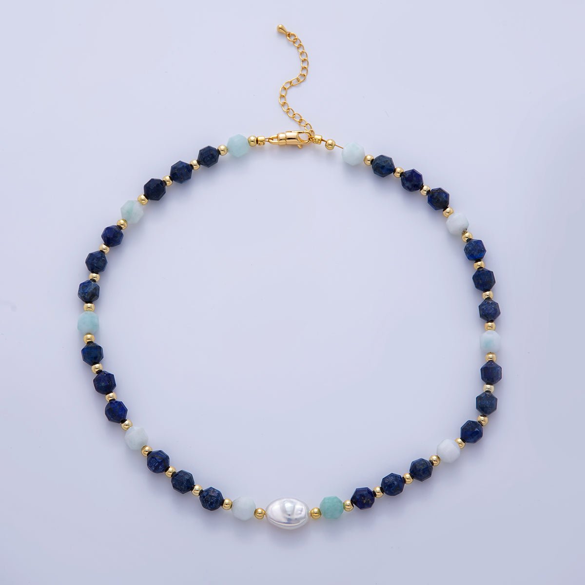 16K Gold Filled Freshwater Pearl Aquamarine Lapis Lazuli Multifaceted Gemstone 16.5 Inch Necklace | WA - 3178 - DLUXCA