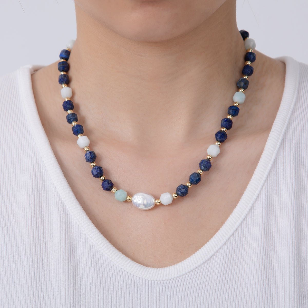 16K Gold Filled Freshwater Pearl Aquamarine Lapis Lazuli Multifaceted Gemstone 16.5 Inch Necklace | WA - 3178 - DLUXCA