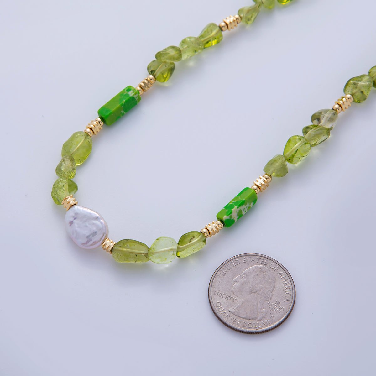 16K Gold Filled Freshwater Pearl Peridot Green Gemstone 16 Inch Handmade Necklace | WA - 3179 - DLUXCA