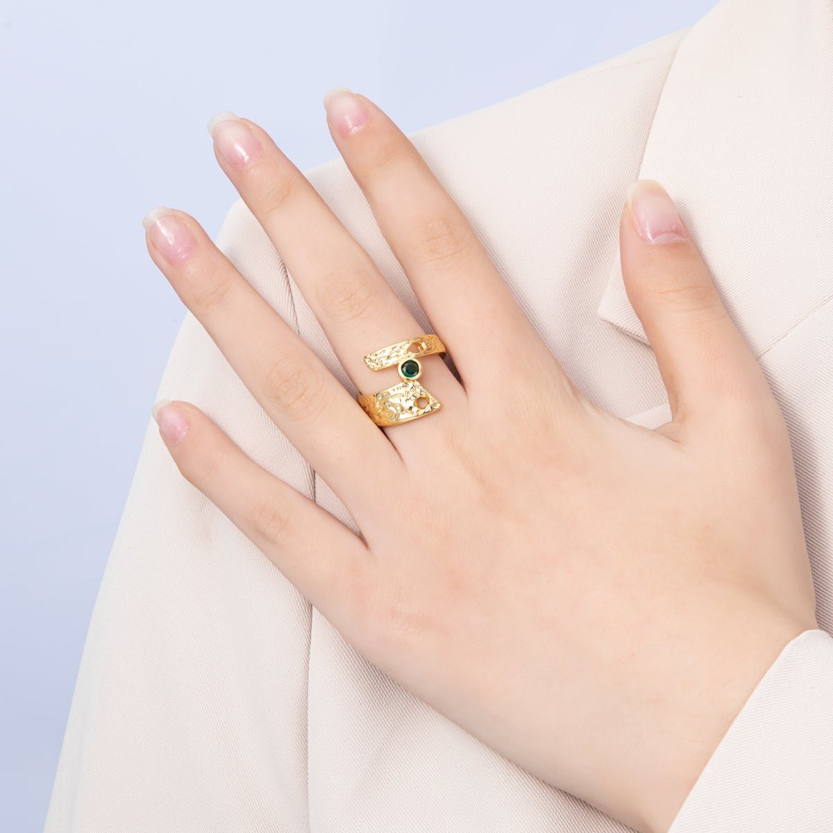 16K Gold Filled Green CZ Geometric Hammered Ring | Rings - 00027 - DLUXCA