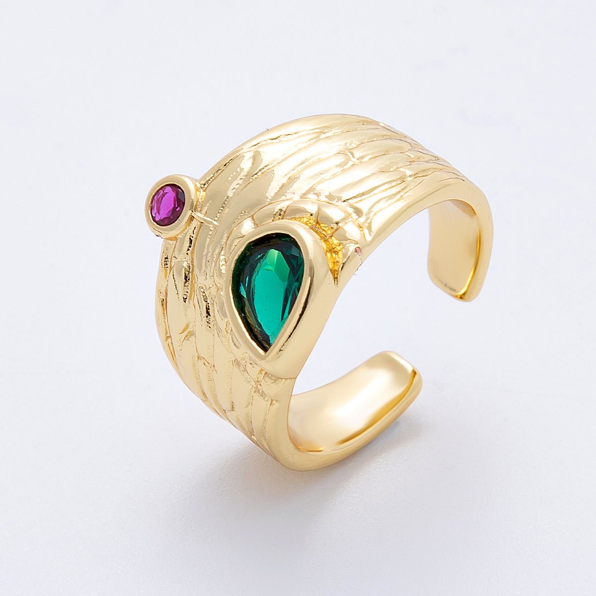 16K Gold Filled Green Fuchsia CZ Textured Wide Band Ring | Rings - 00028 - DLUXCA