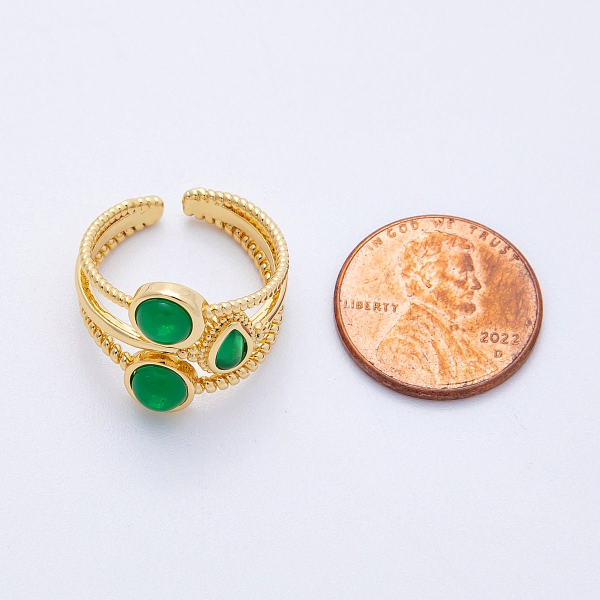 16K Gold Filled Green Gemstone Geometric Croissant Twist Triple Band Ring | Rings - 00031 - DLUXCA