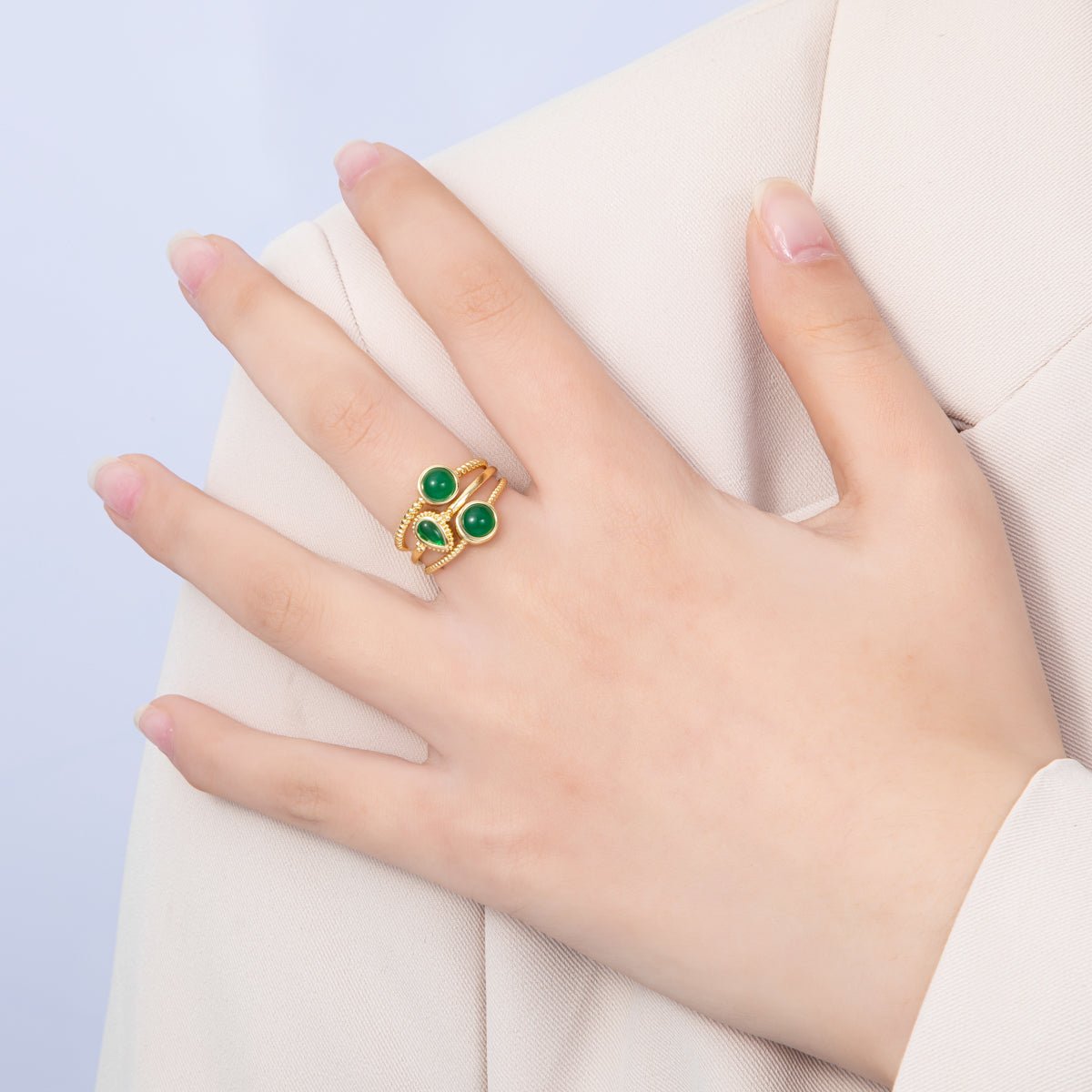 16K Gold Filled Green Gemstone Geometric Croissant Twist Triple Band Ring | Rings - 00031 - DLUXCA