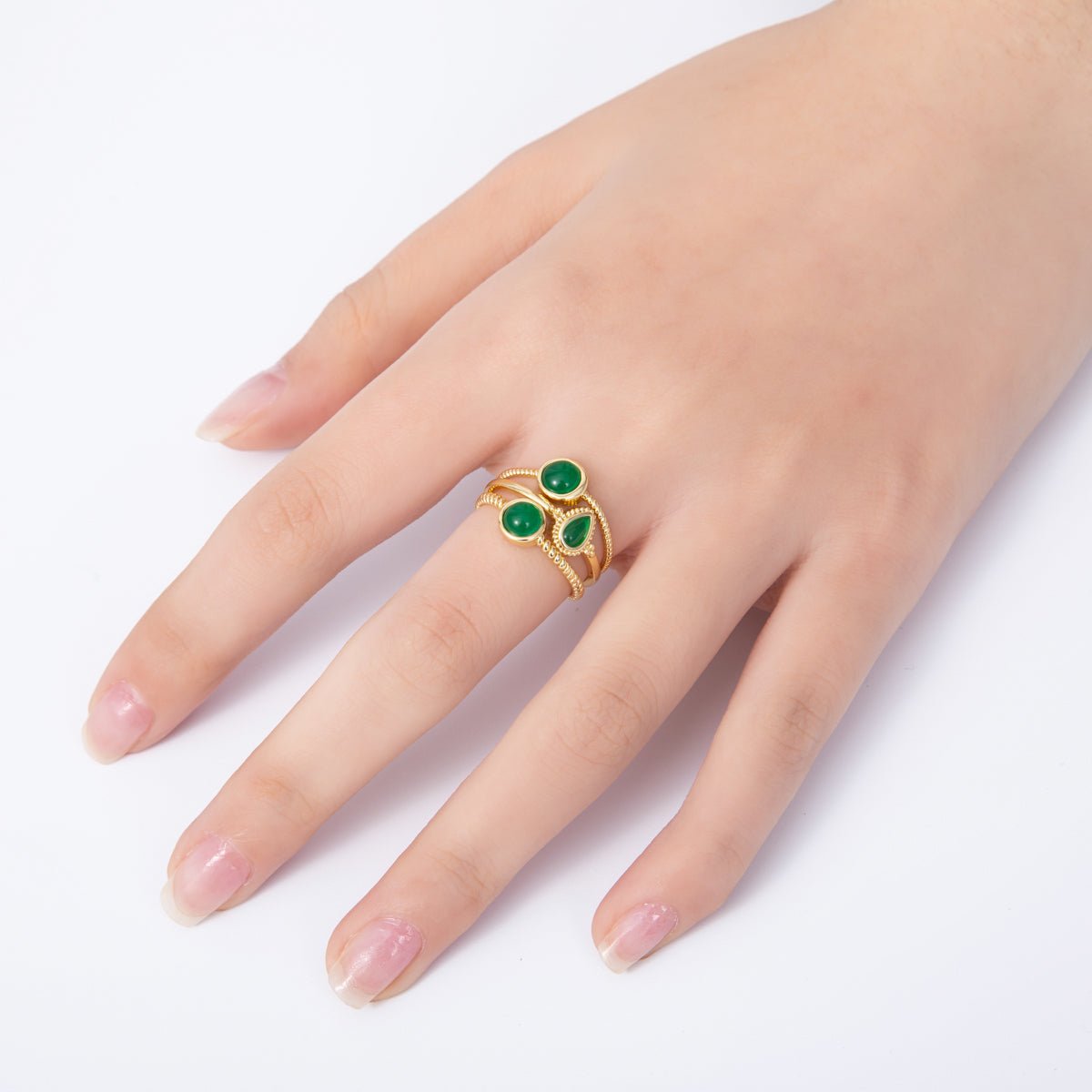 16K Gold Filled Green Gemstone Geometric Croissant Twist Triple Band Ring | Rings - 00031 - DLUXCA