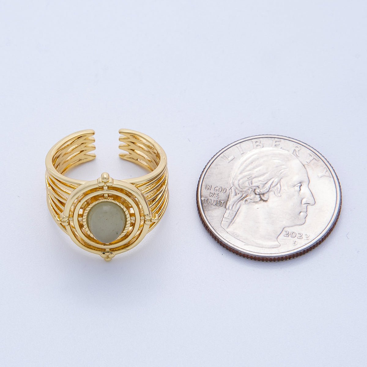 16K Gold Filled Green Prehnite Gemstone Round Lined Wide Statement Ring | Rings - 00050 - DLUXCA