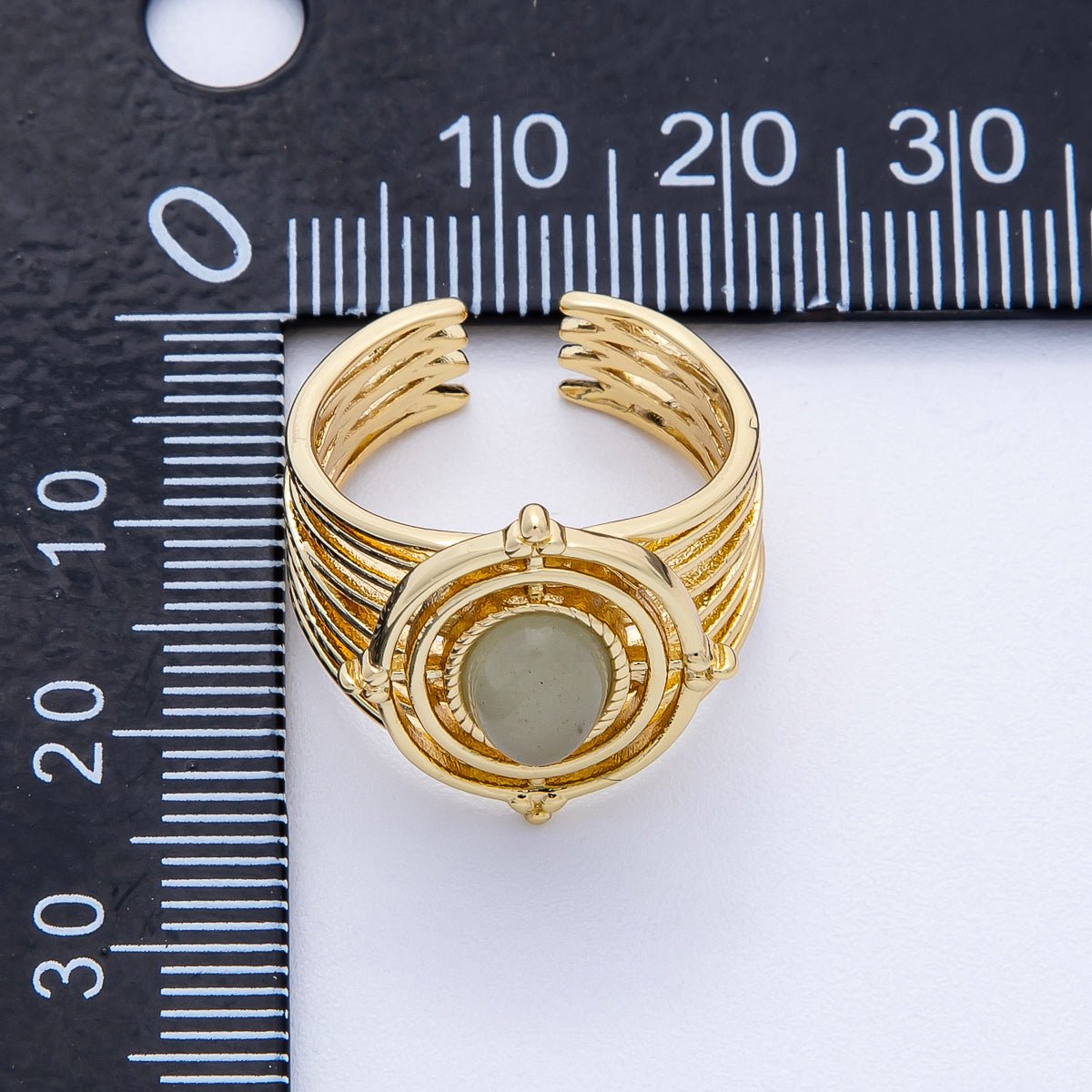16K Gold Filled Green Prehnite Gemstone Round Lined Wide Statement Ring | Rings - 00050 - DLUXCA