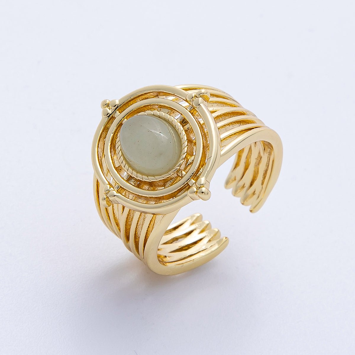 16K Gold Filled Green Prehnite Gemstone Round Lined Wide Statement Ring | Rings - 00050 - DLUXCA