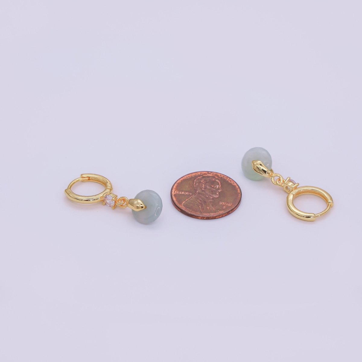 16K Gold Filled Green, White Jade Donut Round Drop Clear CZ Huggie Earrings | AE633 AE652 - DLUXCA