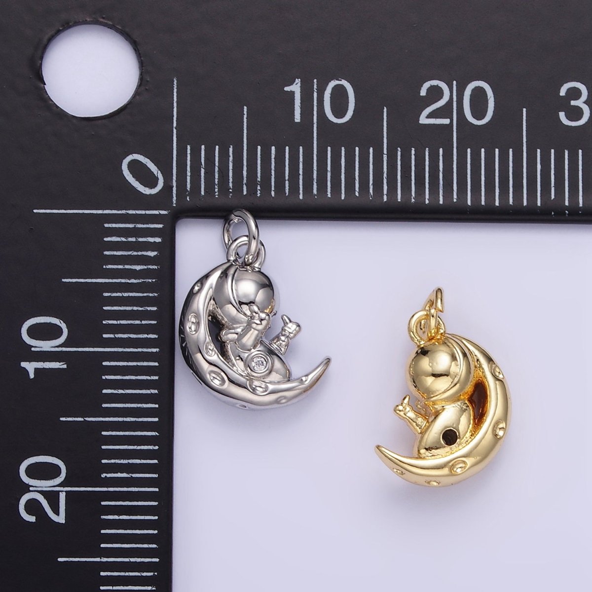 16K Gold Filled Hammered Celestial Crescent Moon Space Man Charm in Gold & Silver | E389 - DLUXCA