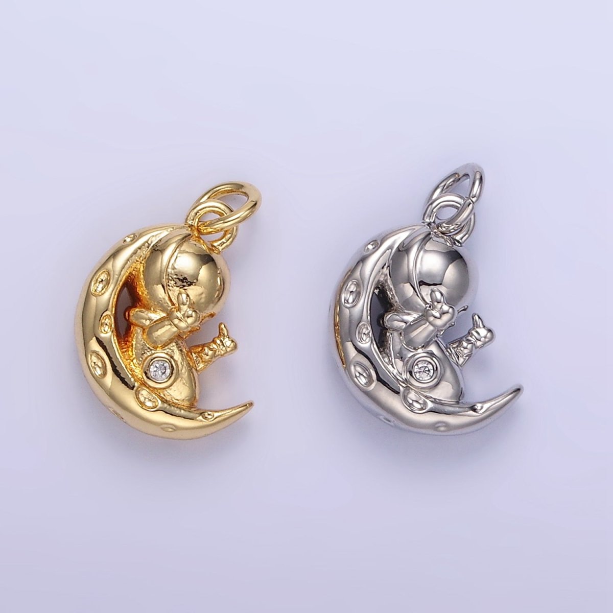 16K Gold Filled Hammered Celestial Crescent Moon Space Man Charm in Gold & Silver | E389 - DLUXCA