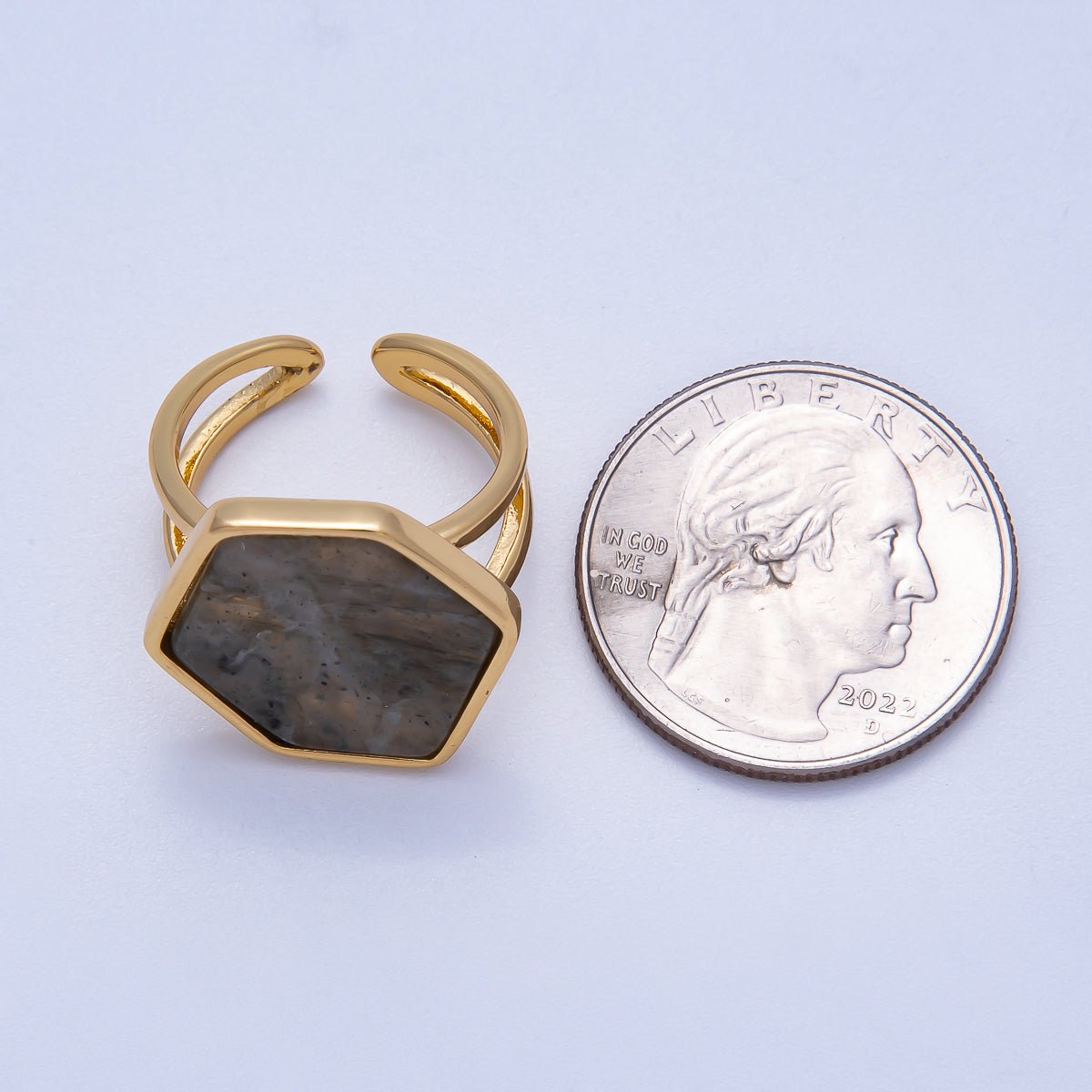 16K Gold Filled Labradorite Gemstone Hexagon Geometric Double Band Ring | Rings - 00076 - DLUXCA