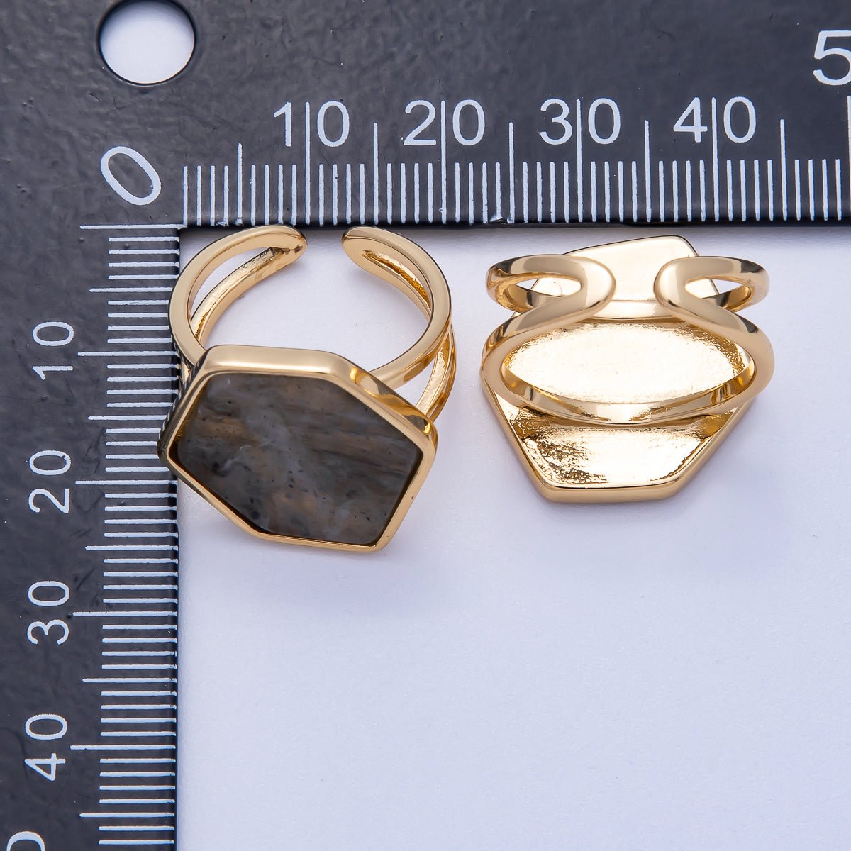 16K Gold Filled Labradorite Gemstone Hexagon Geometric Double Band Ring | Rings - 00076 - DLUXCA