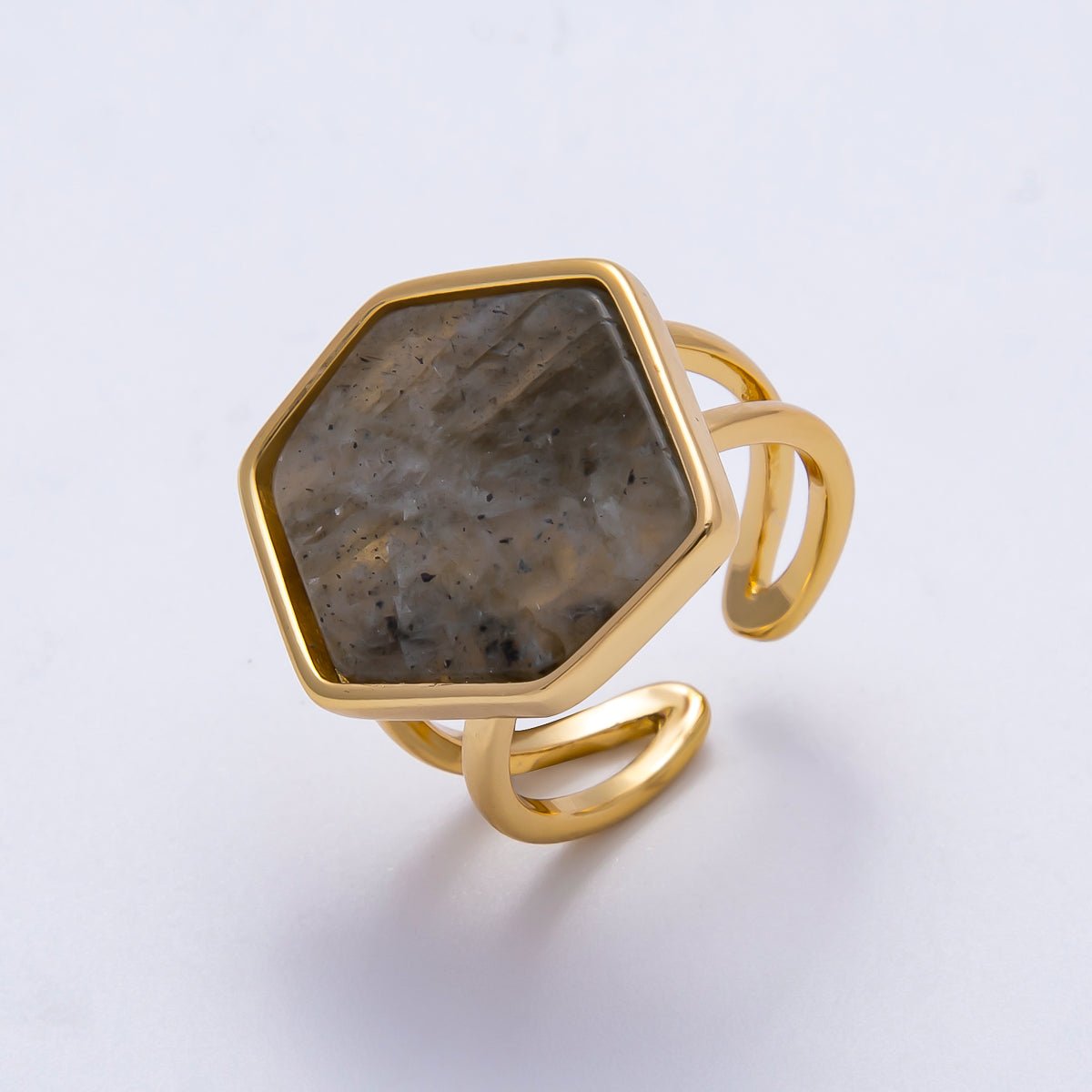 16K Gold Filled Labradorite Gemstone Hexagon Geometric Double Band Ring | Rings - 00076 - DLUXCA