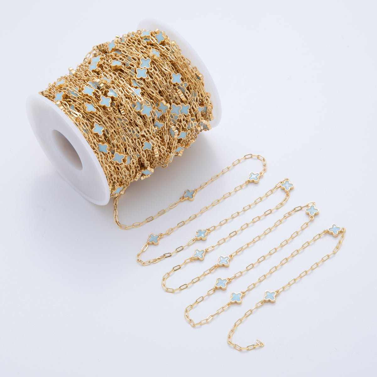 16K Gold Filled Light Blue Quatrefoil Enamel Paperclip Unfinished Chain by Yard | Roll - 1595 - DLUXCA
