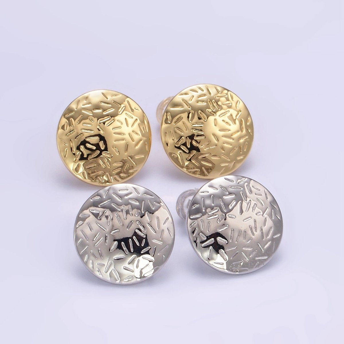 16K Gold Filled Line - Textured Round Stud Earrings in Gold & Silver | Z824 Z825 - DLUXCA