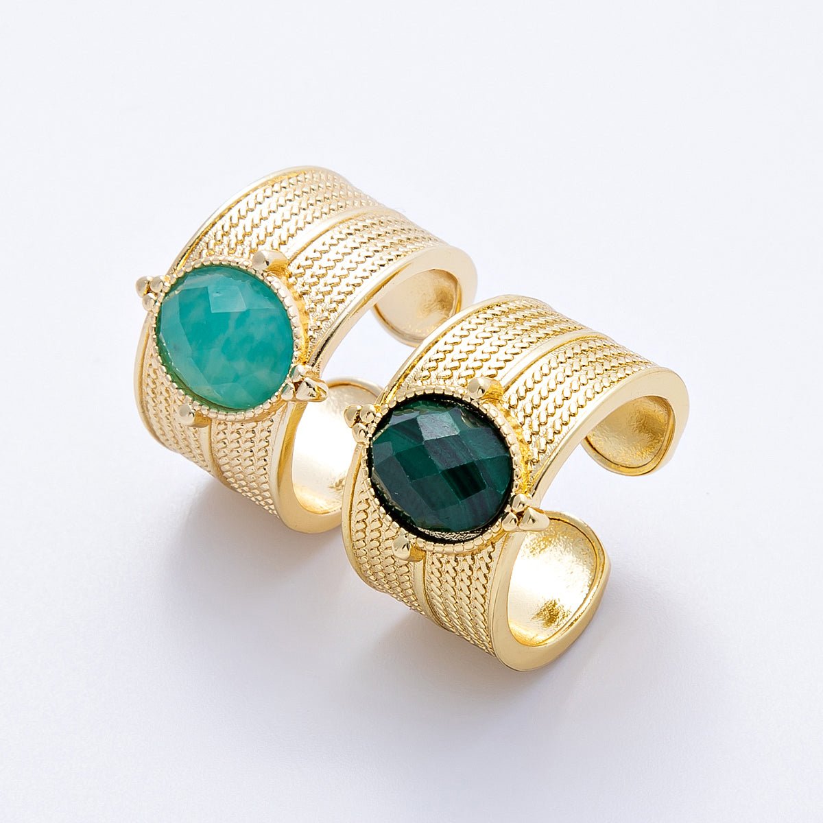 16K Gold Filled Malachite, Amazonite Cabochon Multifaceted Gemstone Textured Wide Ring | Rings - 00048 Rings - 00049 - DLUXCA