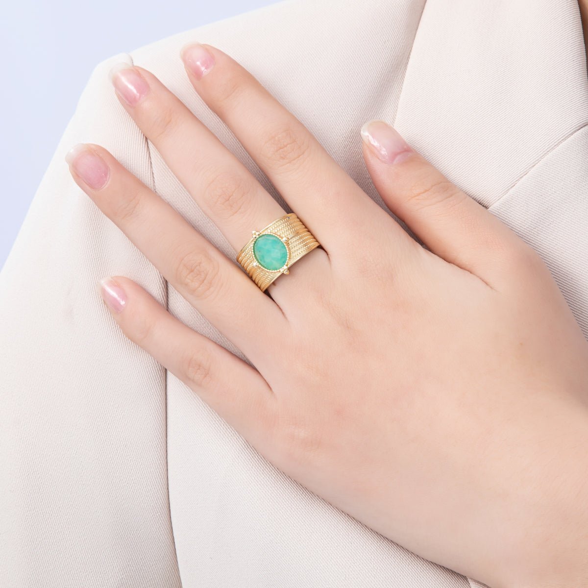 16K Gold Filled Malachite, Amazonite Cabochon Multifaceted Gemstone Textured Wide Ring | Rings - 00048 Rings - 00049 - DLUXCA