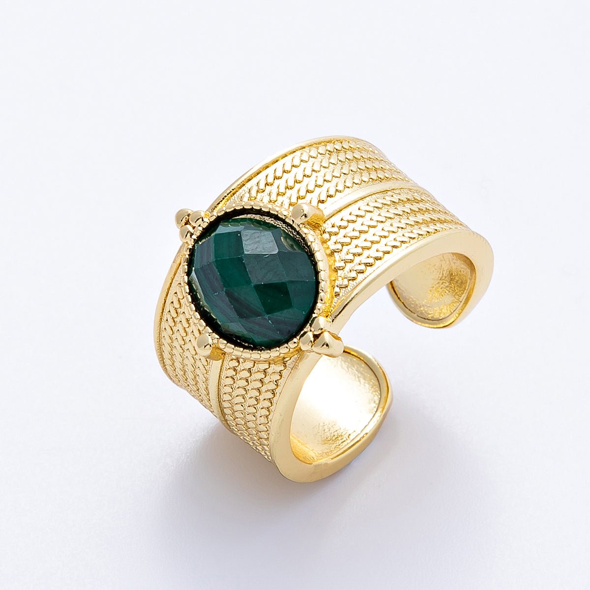 16K Gold Filled Malachite, Amazonite Cabochon Multifaceted Gemstone Textured Wide Ring | Rings - 00048 Rings - 00049 - DLUXCA