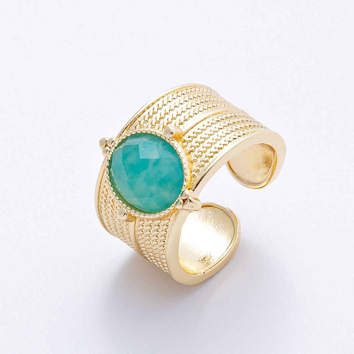 16K Gold Filled Malachite, Amazonite Cabochon Multifaceted Gemstone Textured Wide Ring | Rings - 00048 Rings - 00049 - DLUXCA