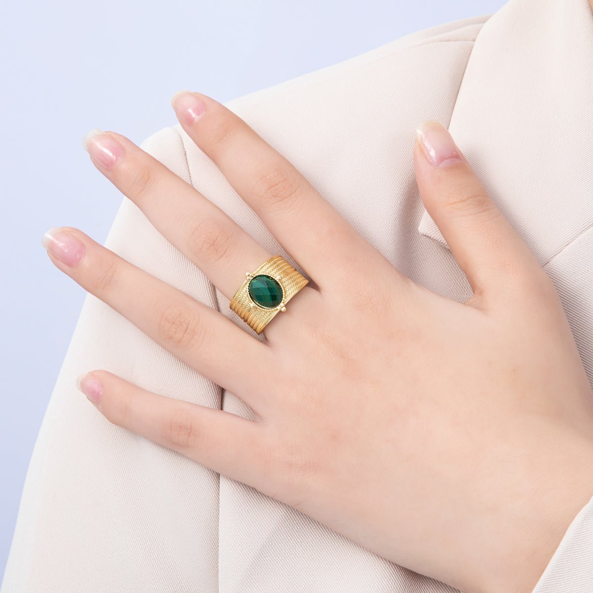 16K Gold Filled Malachite, Amazonite Cabochon Multifaceted Gemstone Textured Wide Ring | Rings - 00048 Rings - 00049 - DLUXCA