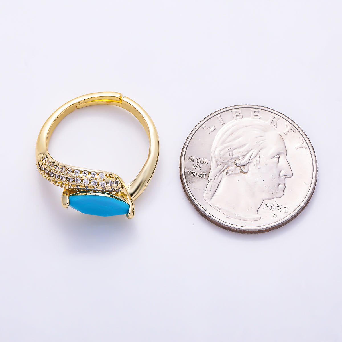 16K Gold Filled Marquise Turquoise Micro Paved CZ Bypass Adjustable Ring | Rings-00371 - DLUXCA