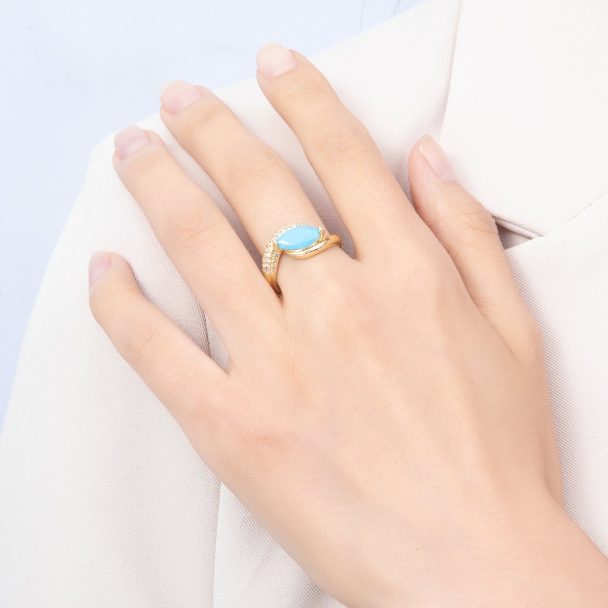 16K Gold Filled Marquise Turquoise Micro Paved CZ Bypass Adjustable Ring | Rings-00371 - DLUXCA