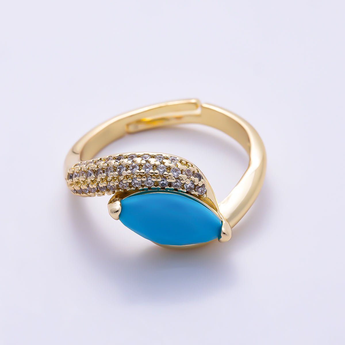 16K Gold Filled Marquise Turquoise Micro Paved CZ Bypass Adjustable Ring | Rings-00371 - DLUXCA