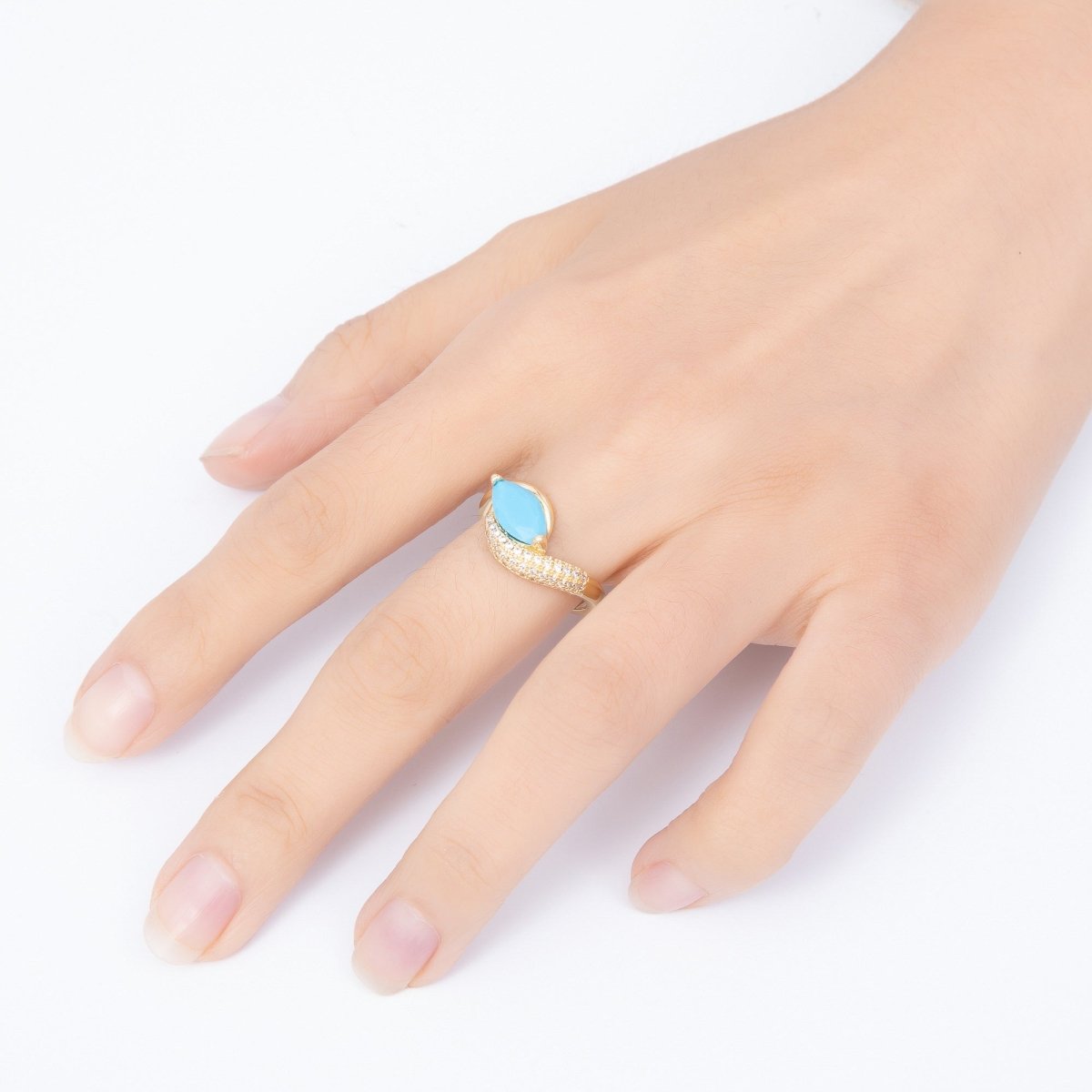 16K Gold Filled Marquise Turquoise Micro Paved CZ Bypass Adjustable Ring | Rings-00371 - DLUXCA