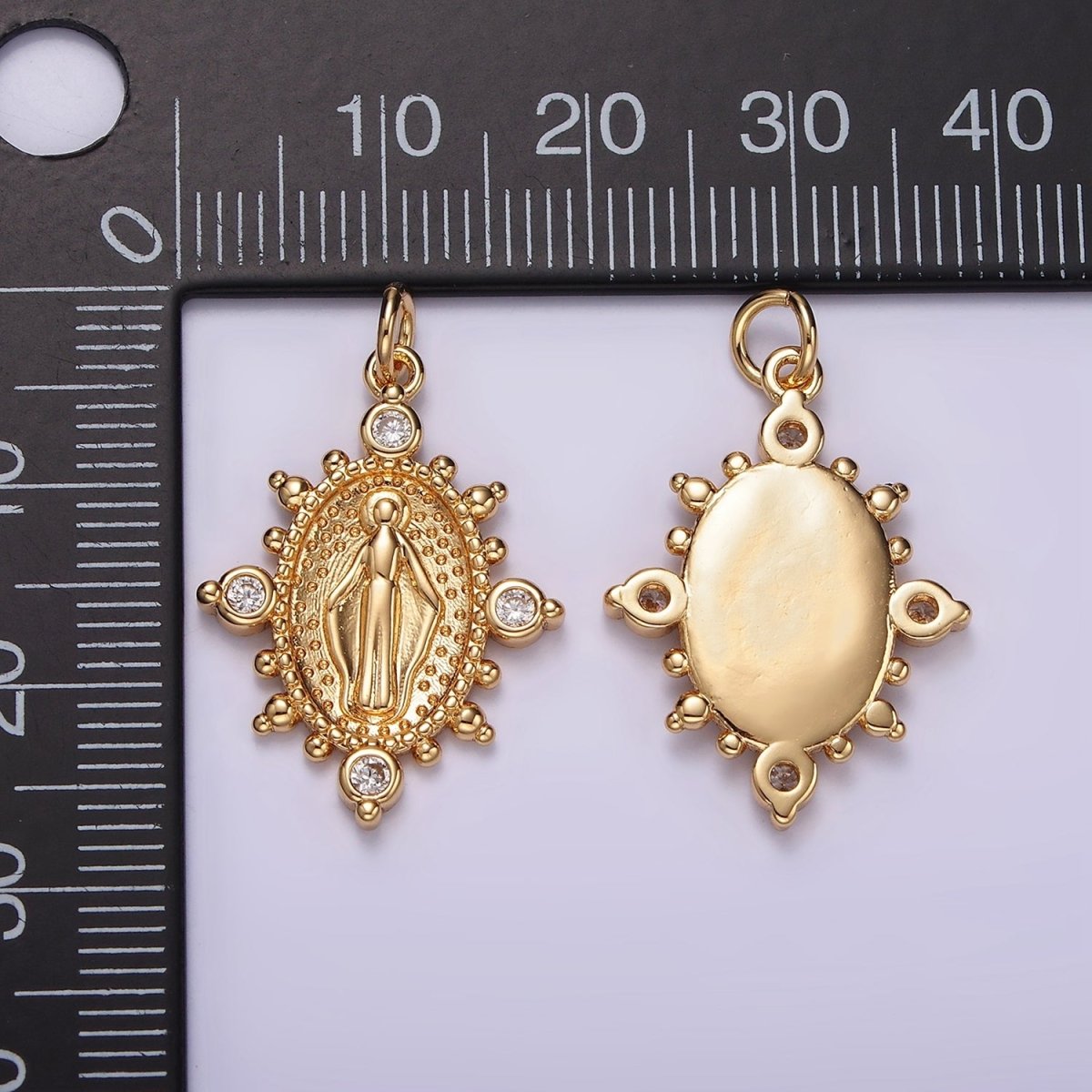 16K Gold Filled Mary Guadalupe Religious CZ Dotted Oval Charm | W487 - DLUXCA