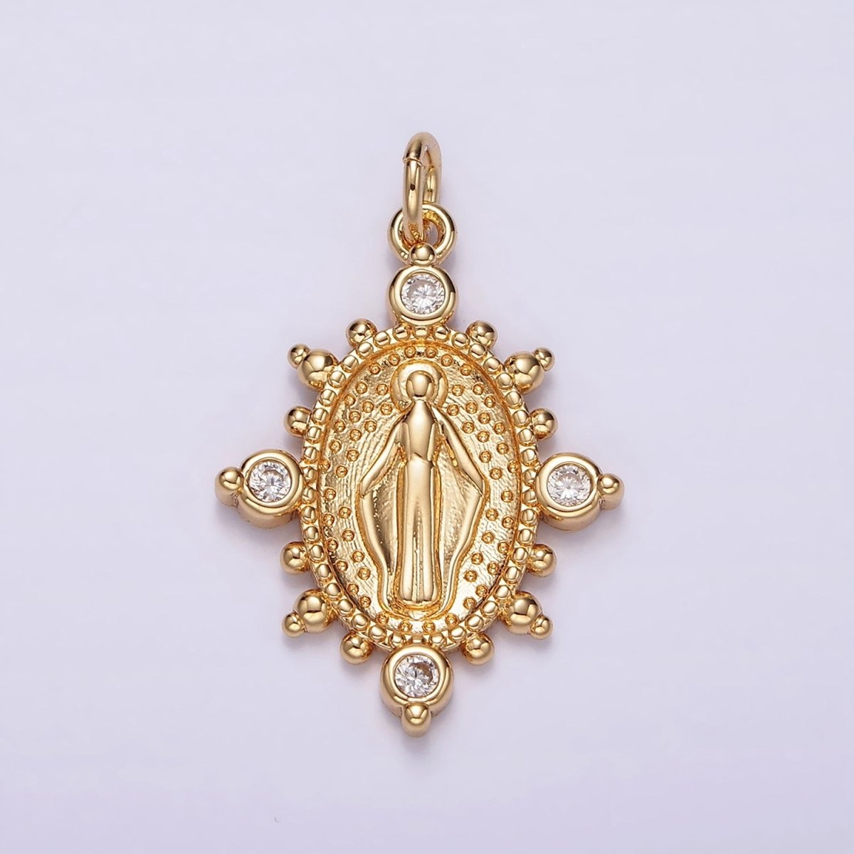 16K Gold Filled Mary Guadalupe Religious CZ Dotted Oval Charm | W487 - DLUXCA