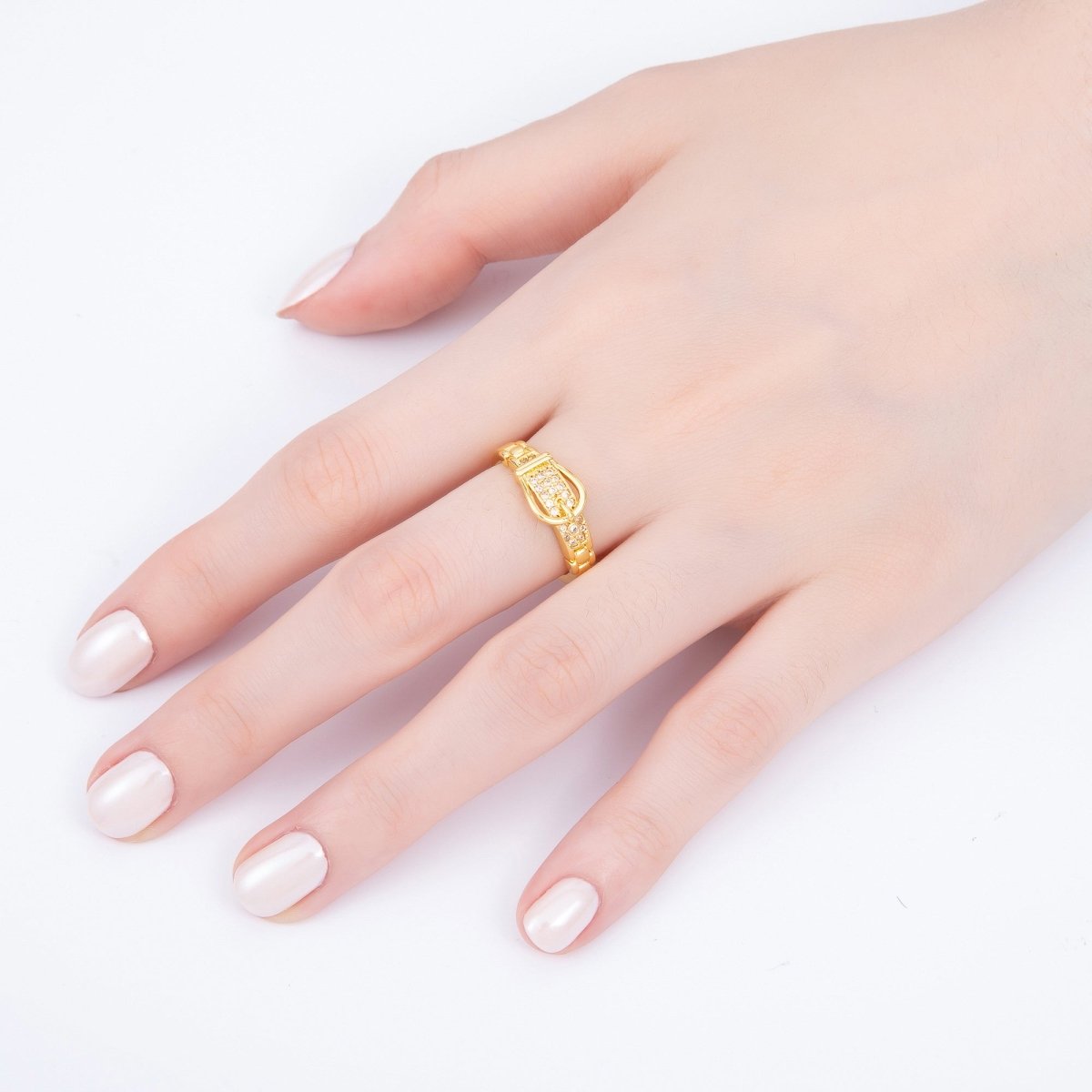 16K Gold Filled Micro Paved CZ Belt Buckle Ring | RINGS - 00077 - DLUXCA