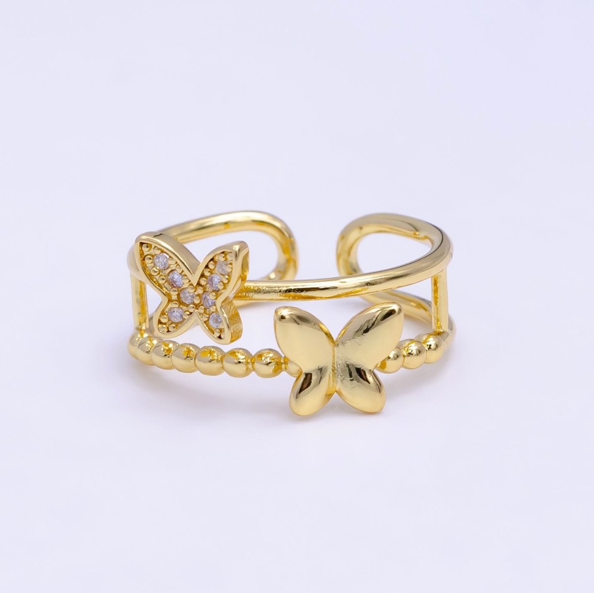 16K Gold Filled Micro Paved CZ Butterfly Beaded Bubble Double Band Ring | O1391 - DLUXCA