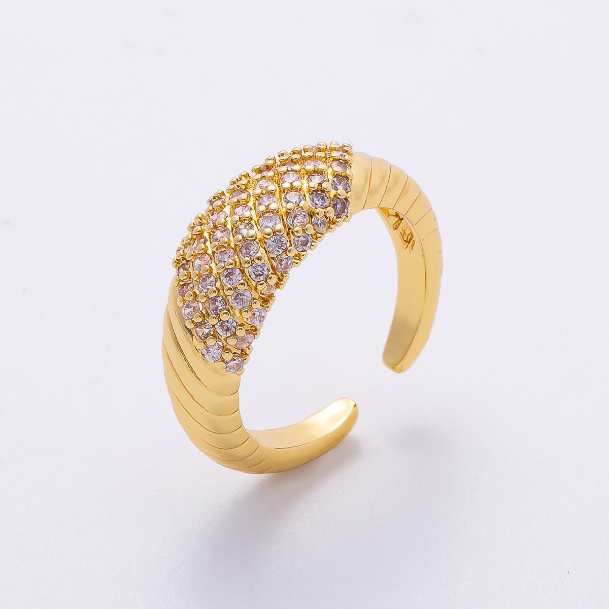 16K Gold Filled Micro Paved CZ Croissant Ribbed Ring | RINGS - 00068 - DLUXCA