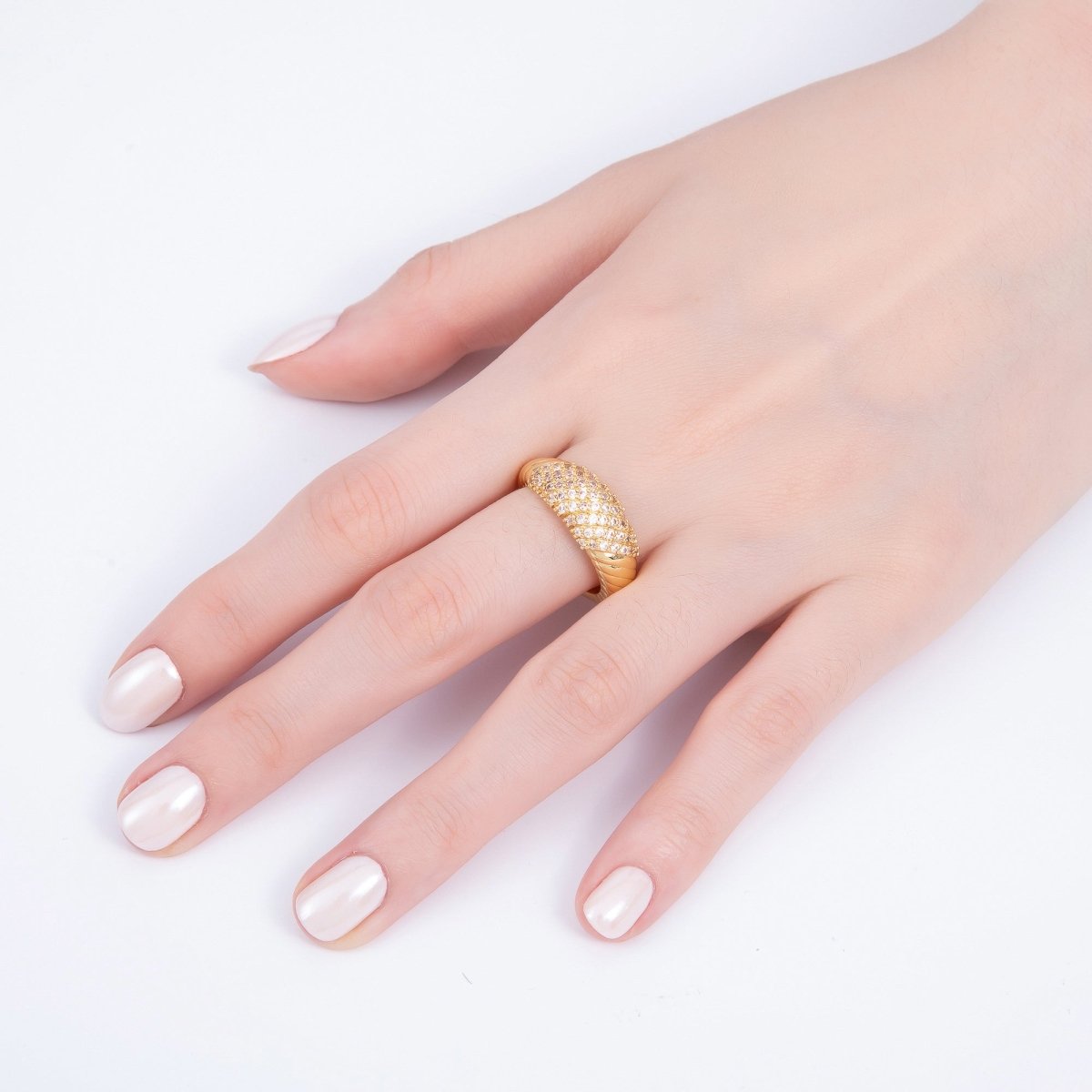 16K Gold Filled Micro Paved CZ Croissant Ribbed Ring | RINGS - 00068 - DLUXCA