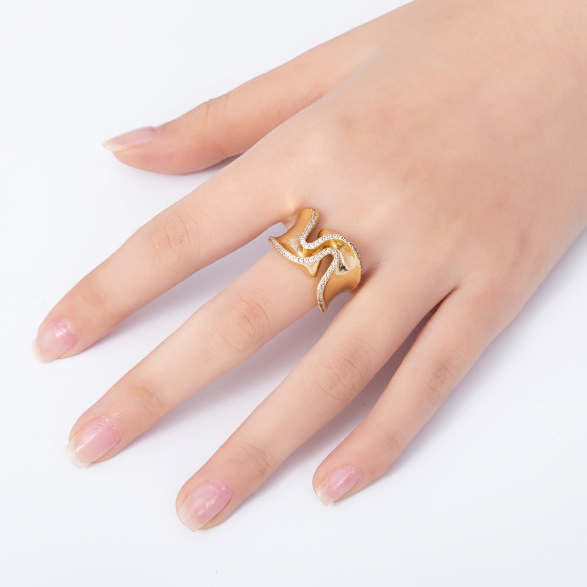 16K Gold Filled Micro Paved CZ Foil Wavy Abstract Statement Ring | Rings - 00021 - DLUXCA
