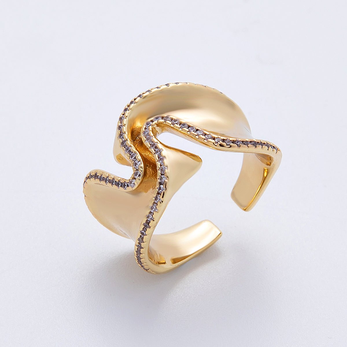 16K Gold Filled Micro Paved CZ Foil Wavy Abstract Statement Ring | Rings - 00021 - DLUXCA