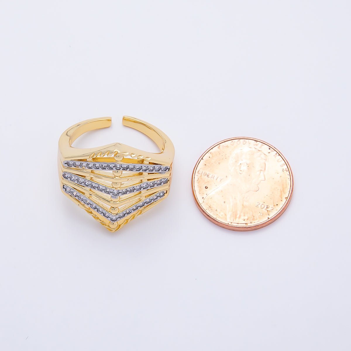 16K Gold Filled Micro Paved CZ Geometric Chevron Mixed Metal Ring | Rings-00195 - DLUXCA