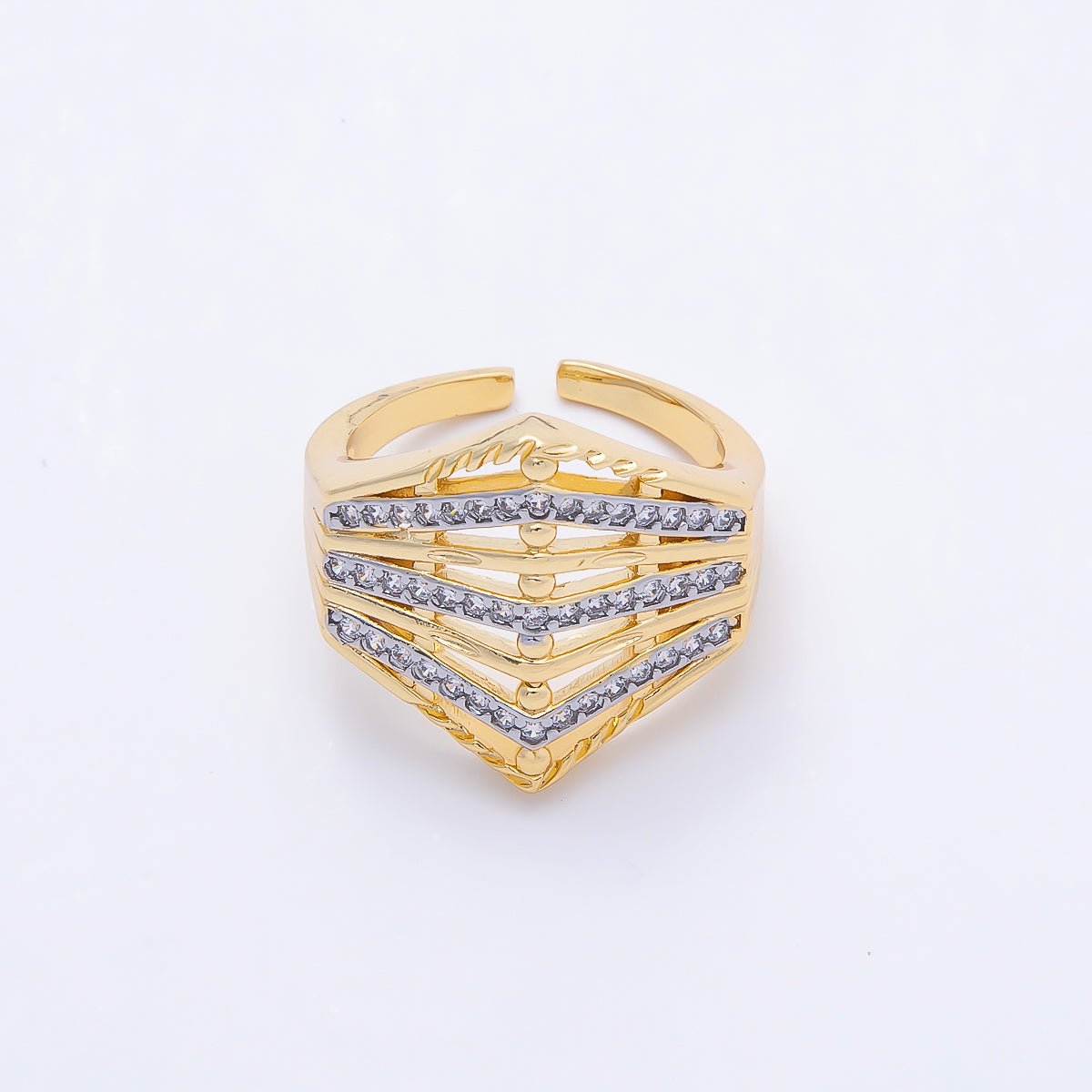 16K Gold Filled Micro Paved CZ Geometric Chevron Mixed Metal Ring | Rings-00195 - DLUXCA