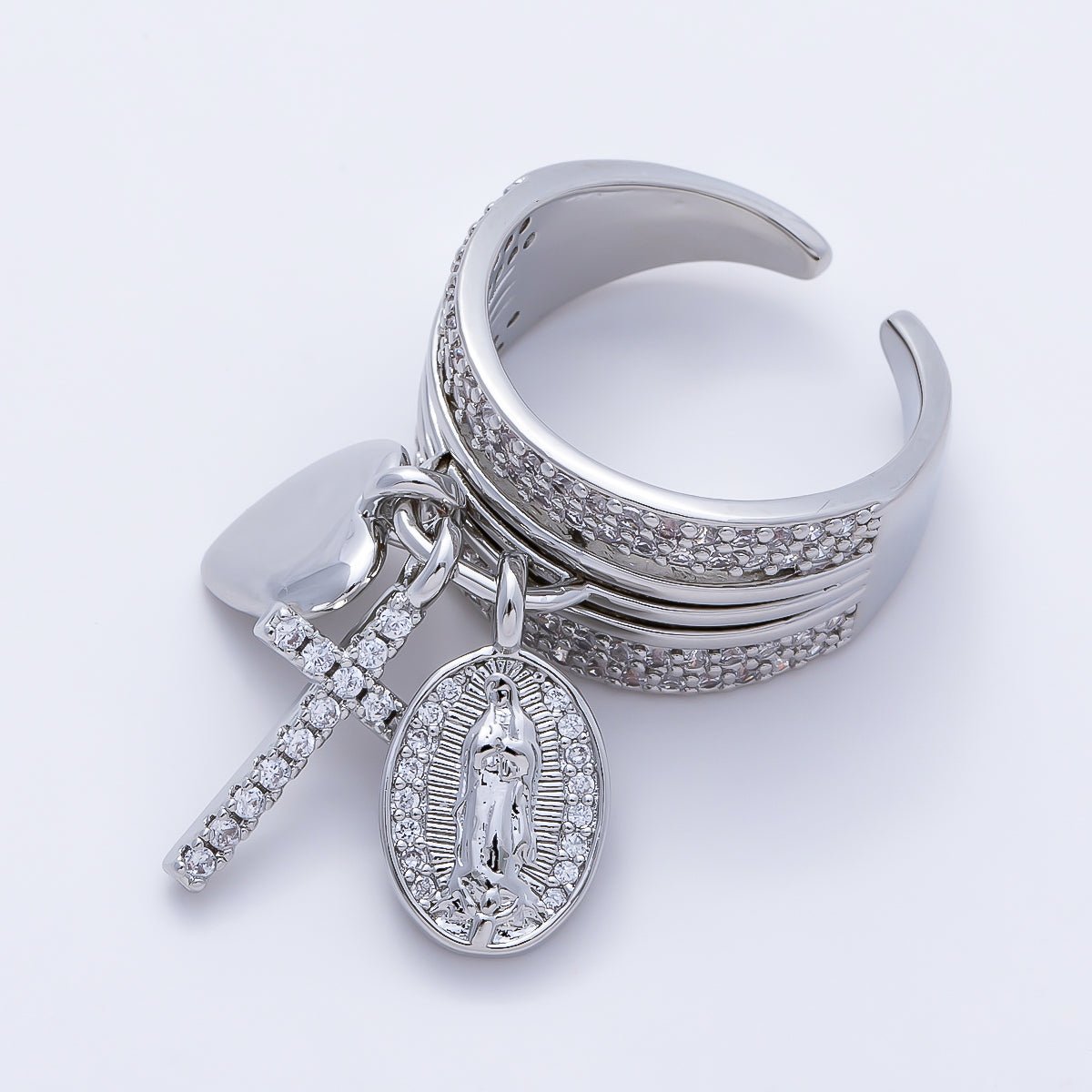 16K Gold Filled Micro Paved CZ Heart Mary Cross Religious Drop Ring in Gold & Silver | Rings-00281 Rings-00282 - DLUXCA