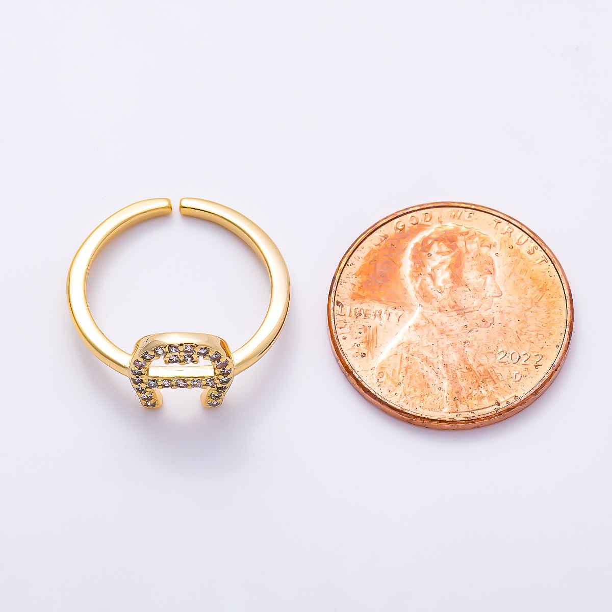 16K Gold Filled Micro Paved CZ Horseshoe Lucky Adjustable Pinky Ring | Rings-00378 - DLUXCA