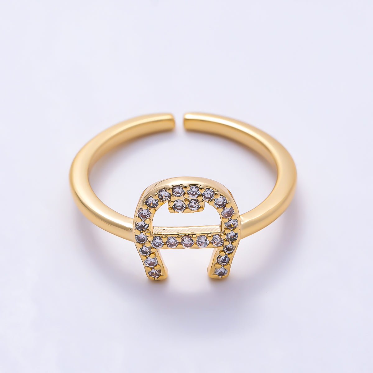 16K Gold Filled Micro Paved CZ Horseshoe Lucky Adjustable Pinky Ring | Rings-00378 - DLUXCA