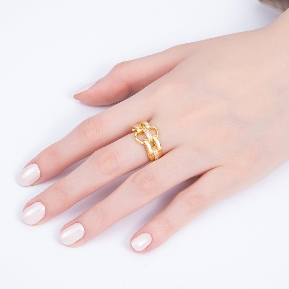 16K Gold Filled Micro Paved CZ Interlock Link Geometric Ring | Rings - 00070 - DLUXCA